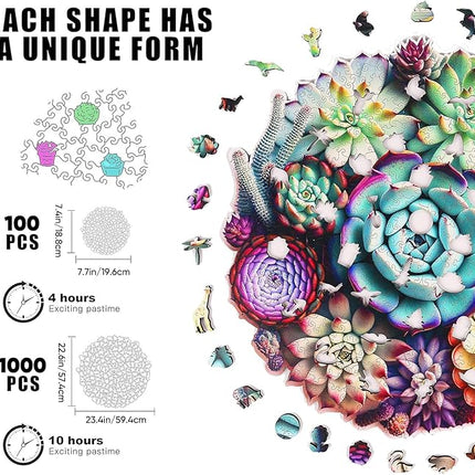Wooden Jigsaw Puzzles - Mandala Succulent Plants, 100 Piece Luxurious Shaped Wooden Puzzles for Adults and Kids, Family Game, 7.7'' x 7.4''