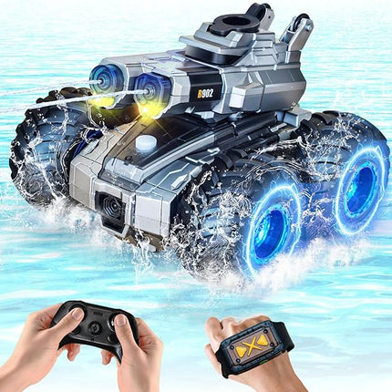 Remote Control Car, Amphibious Monster Truck Toys, RC Boat with Water Gun, Gesture Sensing RC Stunt Car for 120 Mins Play, Remote Control Boat for Pool Boys Girls 6 7 8 9 10 11 12+Year Birthday Gift