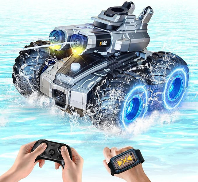 Remote Control Car, Amphibious Monster Truck Toys, RC Boat with Water Gun, Gesture Sensing RC Stunt Car for 120 Mins Play, Remote Control Boat for Pool Boys Girls 6 7 8 9 10 11 12+Year Birthday Gift