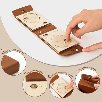 Travel Cribbage Board Game Set, Portable Unique Peg-Free Cribbage Board, Leather & Magnetic Rotating Wood Scoreboard with Playing Cards, Pocket Sized Tiny Card Game Board