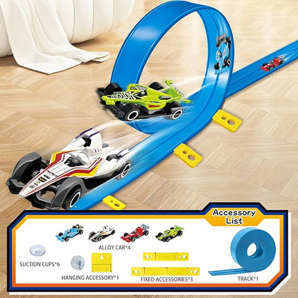Ancaixin Flexible Race Track 17Ft Toys for Kids, Car Track with 4 Small Racecars Compatible with Hot Wheels and Diecast 1/64th Cars, Rolls Up Portable Racetrack, Birthday Gifts for Boys Girls Ages 3+