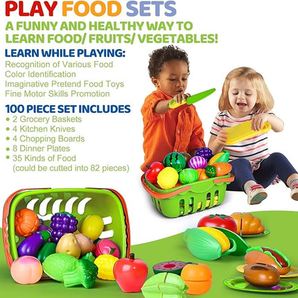 100 PCS Cutting Play Food Toy for Kids Kitchen, Pretend Food Toys for Toddlers, Play Kitchen Toys Accessories with 2 Baskets, Fake Food/Fruit/Vegetable, Birthday Gifts for 3 4 5 6 Years Old Boys Girls