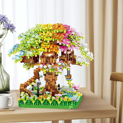 Cherry Blossom Building Set, 1345 Pcs Japanese Sakura Tree House Micro Block Toy, STEM Creative Rainbow Bonsai Tree House Building Flower Set, Friendship Treehouse for Adult, Kid