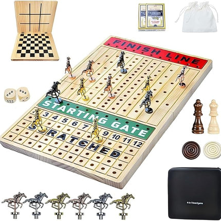 Horse Race Board Game Metal Horses, 4-in-1 Foldable Horse Racing Game with Cards and Dice, Horse Racing Board Game of Thickened Solid Wood, Horse Race Game Board Adult for Parties Outdoor Travel