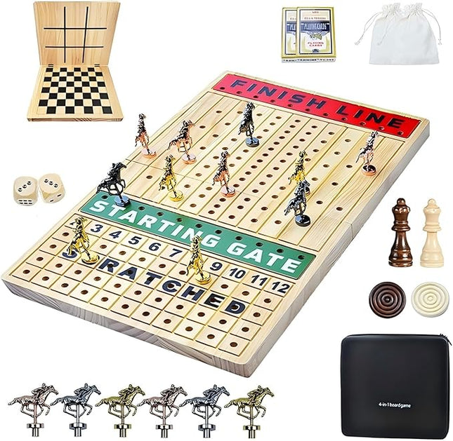 Horse Race Board Game Metal Horses, 4-in-1 Foldable Horse Racing Game with Cards and Dice, Horse Racing Board Game of Thickened Solid Wood, Horse Race Game Board Adult for Parties Outdoor Travel