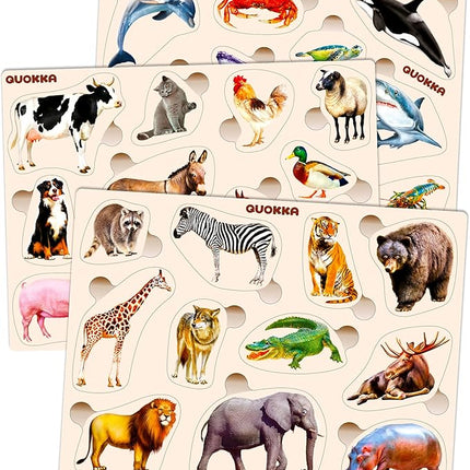 QUOKKA Wooden Puzzles for Toddlers 1-3 – 3xSET Toddler Puzzles Ages 2-4 – Montessori Animal Toy Puzzle for Toddlers 3-5 Year Old – Wood Toy Learning Realistic Animals for Boy and Girl