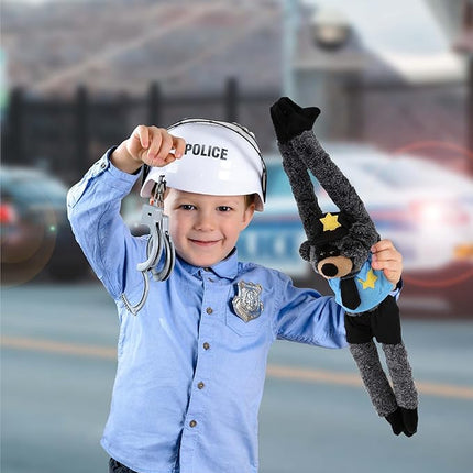 DolliBu Black Bear with Long Arms Police Officer Plush Toy - Soft Black Bear Cop Stuffed Animal Dress Up with Cute Cop Uniform and Cap Outfit - Gift with Personalization - 21 Inches