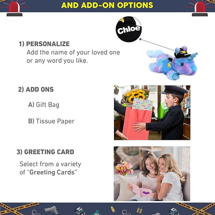 DolliBu Friday Blue Unicorn Police Officer Plush Toy - Soft Unicorn Cop Stuffed Animal Dress Up with Cute Cop Uniform and Cap Outfit - Gift with Personalization - 10.5 Inches