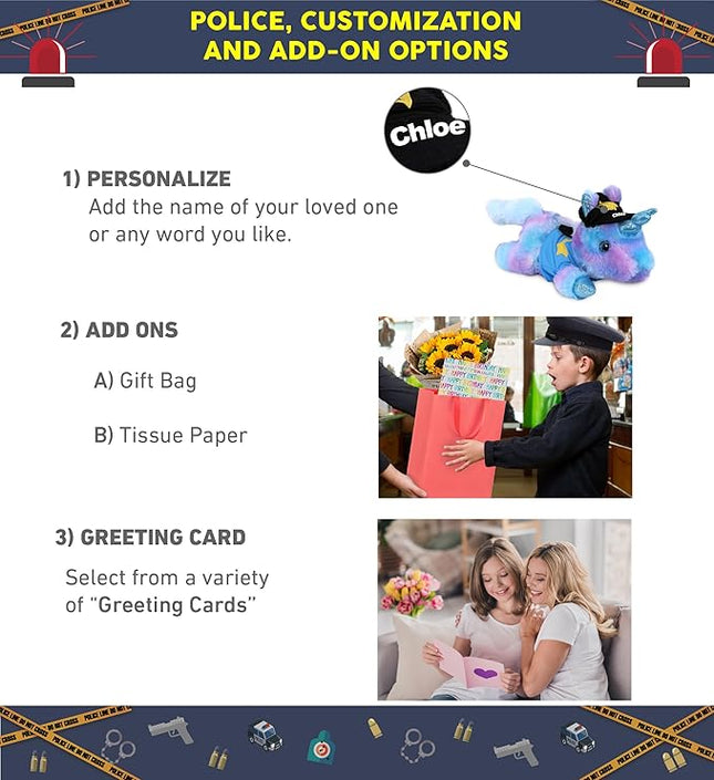 DolliBu Friday Blue Unicorn Police Officer Plush Toy - Soft Unicorn Cop Stuffed Animal Dress Up with Cute Cop Uniform and Cap Outfit - Gift with Personalization - 10.5 Inches