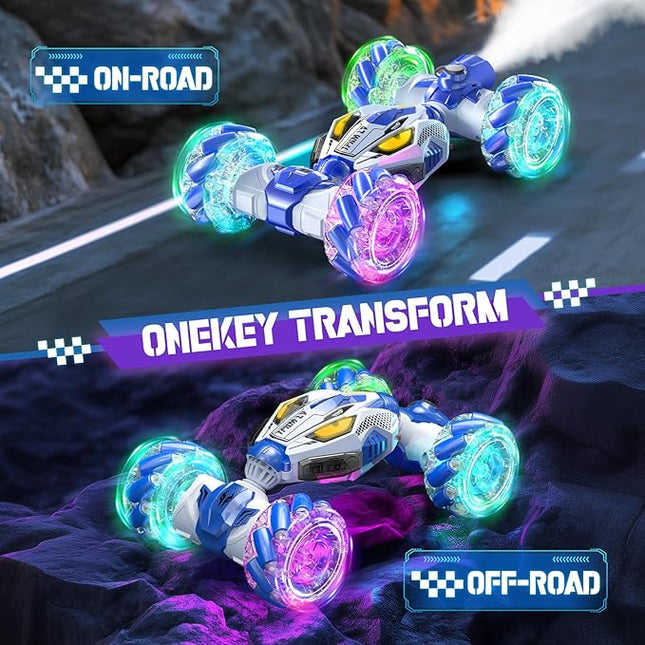 Gesture Sensing RC Stunt Cars - Toys for Boys Girls 6-12 | Best Gifts for Kids 6-12 Years Old | 4WD 360° Rotating Remote Control Transform Car | All-Terrain Off Road Vehicle with Lights Music Blue