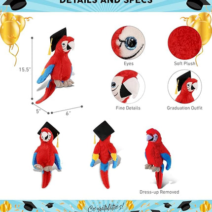 DolliBu Red Parrot Graduation Plush Toy - Super Soft Plush Graduation Stuffed Animal Dress Up with Graduation Cap with Tassel Outfit - Congratulatory Graduation Gift with Personalization - 15 inch