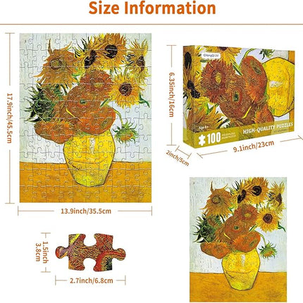 100 Piece Puzzles for Kids Sunflowers by Vincent Van Gogh Puzzle Famous Oil Painting 100 Pieces Puzzles for Adults Seniors Elderly Classic Art Puzzles 100 Piece for Kids Ages 6-10