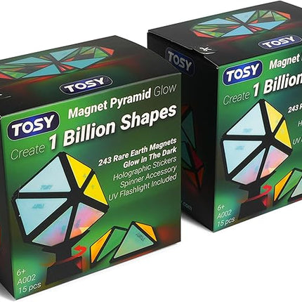 TOSY Magnet Pyramid Glow - 1 Cube Transforms into 1 Billion Shapes, 12 Pieces, 243 Rare Earth Magnets, Glowing, Holographic Design Magnet Tiles Creative Puzzle STEM/STEAM Toy, 2-Pack