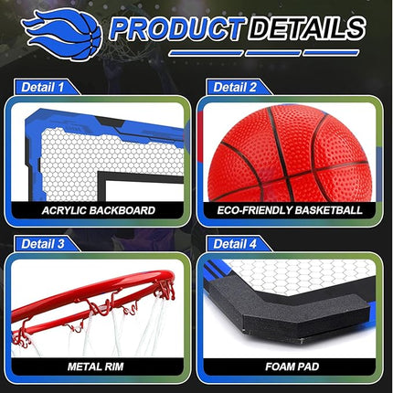 Indoor Mini Basketball Hoop Set, Upgrade Wall Mount Basketball Hoop for Wall Yard Outdoor, Over Door Room Hoops Game with 4 Balls Shatter Resistant Backboard -Complete Accessories Included