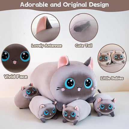 Siamese Cat Plush Stuffed Animals with 4 Kitties Plushies,16" Soft Jumbo Pillow Gifts for Kids Him Her Girlfriend Boyfriend