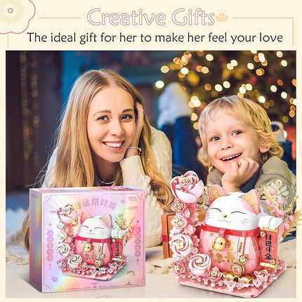 Lucky Cat Building Block Set, Compatible with Lego Cat, 868Pcs Cute Fortune Cat with Flowers Building Blocks, Christmas Birthday Creative Gift for Girls Boys Adult (Pink Cat)