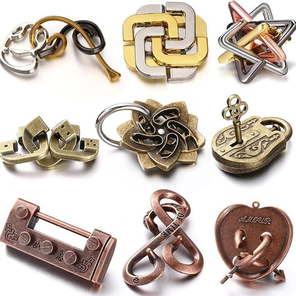 Wettarn 9 Pcs Metal Brain Teaser Puzzles Teaser 3D Steel Puzzle for Adults Unlock Interlocking Games IQ Education Smart Logic Test Toys for Adults Mind Challenge(Fun Style)
