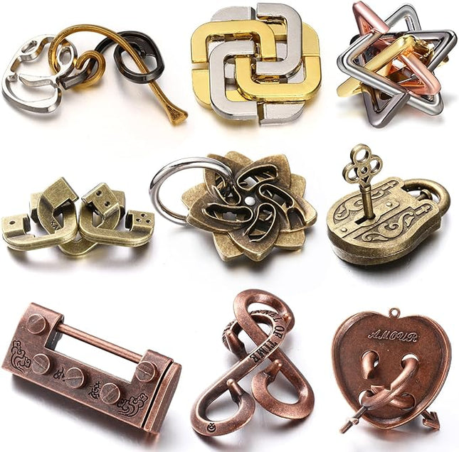 Wettarn 9 Pcs Metal Brain Teaser Puzzles Teaser 3D Steel Puzzle for Adults Unlock Interlocking Games IQ Education Smart Logic Test Toys for Adults Mind Challenge(Fun Style)