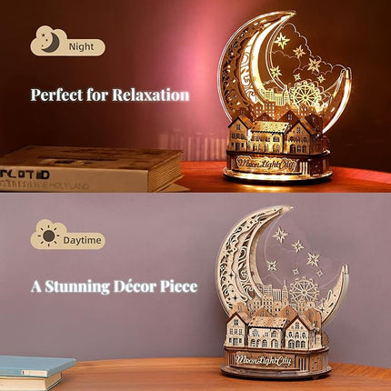 3D DIY Puzzle Moon City Model - LED 3D Wood Puzzle - 3D Wooden Puzzles for Adults Home Décor Gifts for Kids and Adults, Brown
