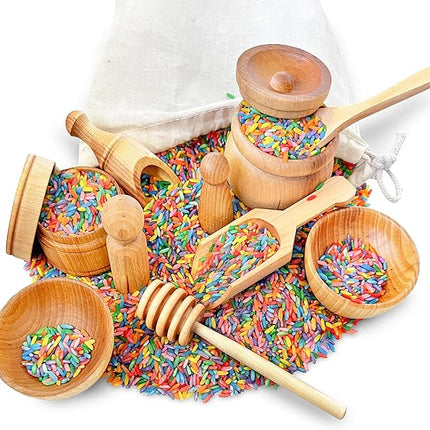 Wooden Tool Set for Sensory Bin (10 Piece), Child-Sized Montessori Sensory Toys for Developing Fine Motor Skills, Smooth Wooden Toys, Bin Scoops and Tools