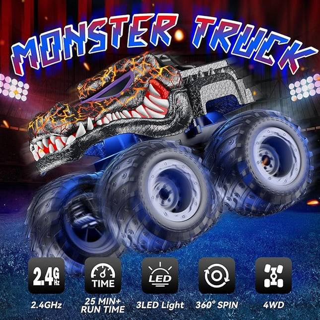 Remote Control Monster Trucks, 2.4GHz All Terrain RC Cars with Light Spray, Birthday Gift for Kids 3 4 5 6 7 8, Toddler Toys for Boys Girls 3+ Year Old