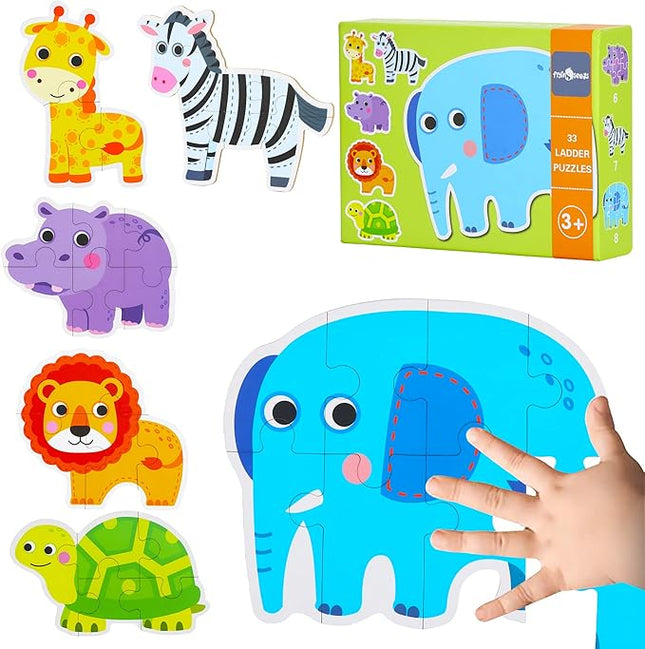 FLYINGSEEDS 6 Packs Safari Animals Shaped Wooden Jigsaw Puzzles for Toddlers Ages 1-3, Level-up Puzzles for Beginner, Montessori Learning Toys Preschool Educational Activity for Kids Ages 2-5