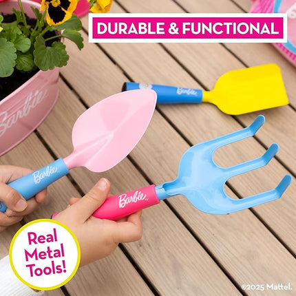 Barbie Garden Set – Real Gardening Tools for Kids with Watering Can, Metal Tools, Flower Pot and Storage Bag – Pink Tool Playset for Outdoors, 6 Pieces