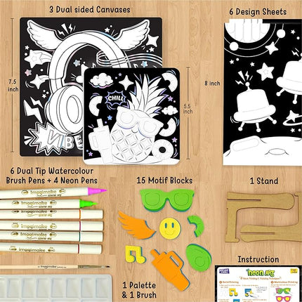 Imagimake DIY Neon Art Kit | 12 Exciting Neon Art Projects | Water Brush Pens & Stamps | Arts and Crafts for Kids Ages 8-12-16 | Arts and Crafts for Adults & Kids | Gifts for 8 Year Old Girls & Boys