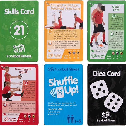 Shuffle Up Soccer Card Games - 70+ Fun & Active Skills Cards for Kids, Fitness Cards Develop Fundamentals, Stamina & Strength, Easy to Play for Kids | Multiple Skills Level Card Include 2 Dices