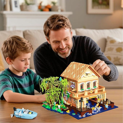 Girls Friends Vacation Lake House Buiding Set with Boat, 2190 PCS Tree House Wooden Cabin Mini Building Block Set, Educational Toy Construction Kit, Birthday Gifts for Adults,Kid,Boy,Girl Age 14+