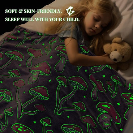 Twin Size Mushroom Blanket Glow in The Dark - Soft Fuzzy Purple Fleece Throw Cottagecore Bedding for Women Teens, Couch Sofa Home Decor 60x80inches