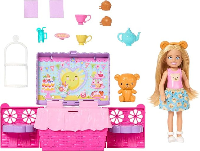 Barbie Family & Friends Club Chelsea Pop-Up Tea Party Playset with Blonde Small Doll, Transforming Picnic Basket & 10+ Accessories