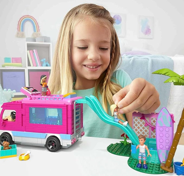 MEGA Construx Barbie Kids Building Toy Set, Dream Camper Adventure with 580 Pieces, 4 Micro-Dolls, Barbie Pets and Accessories, Pink, Ages 6+ Years