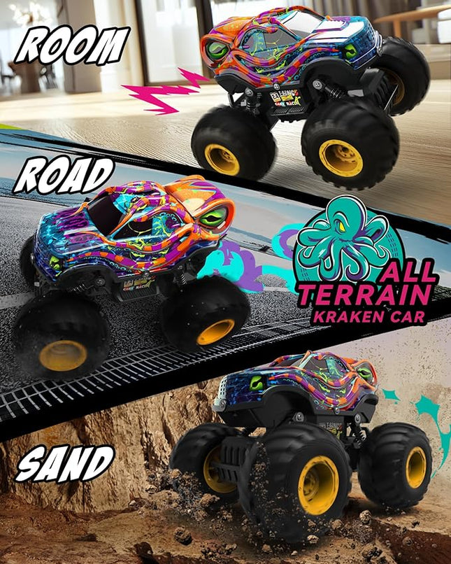 Kraken Monster Truck RC Car, Remote Control Car for Kids Aged 4-8, 1:16 Scale with LED Lights, 2.4GHz Truck Toys, Birthday Gift for 5 6 7 Year Old Boys