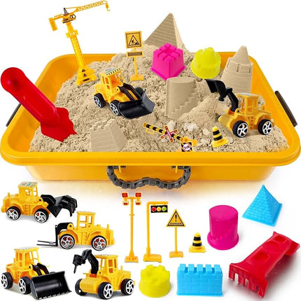 ESSENSON Construction Sensory Bin - Play Sand Kit with Toy Truck and 4lbs Magical Sand, Pretend Play Beach Sensory Toy Sandbox, Kids Gifts for Girls and Boys