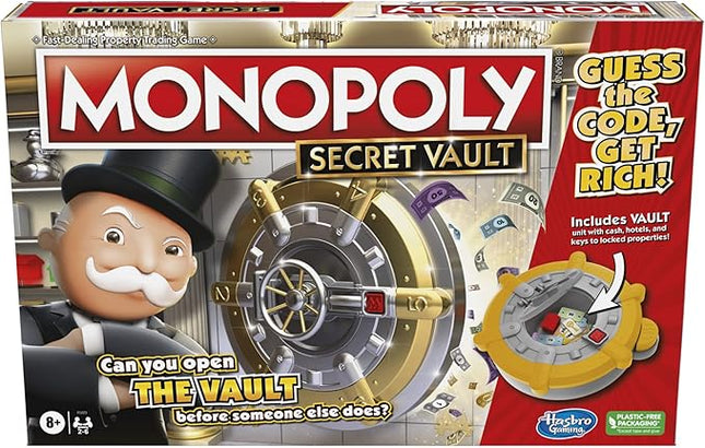 Monopoly Secret Vault Board Game for Kids Ages 8 and Up, Family Board Game for 2-6 Players, Includes Vault