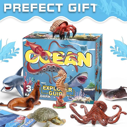 12 Pack Ocean Animal Toys with Educational Booklet for Kids, Realistic Soft Plastic Creatures Model Figures for Toddler Boys Girls, Under the Sea Party Favor, Birthday Gifts Water Table Toy