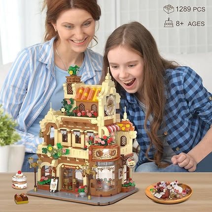 City Bakery Cafe House Building Set with Light, 1289 PCS Baking Shop Building Block Toy with Coffee Cake Bread Bakery Room, Pastry Construction Model for Adults Teens Kids Boys Girls Ages 8-12+