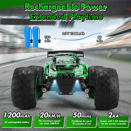 Remote Control Car, 1:18 Rc Cars, All-Terrain RC Truck with LED Light, 20KM/H, Rechargeable, 2WD, 2.4GHz, Sturdy PVC Shell, Remote Control Truck for Boys 4-7 8-12, Beginner (Green)