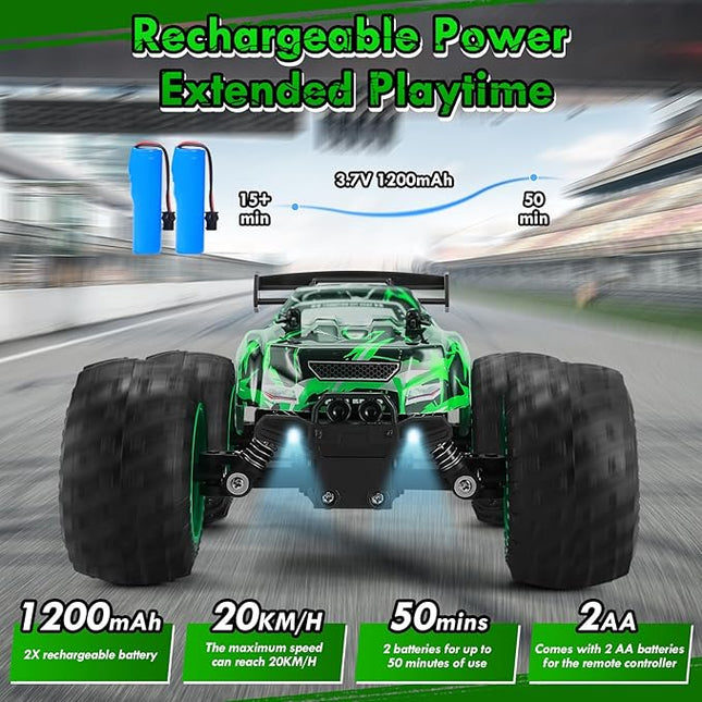 Remote Control Car, 1:18 Rc Cars, All-Terrain RC Truck with LED Light, 20KM/H, Rechargeable, 2WD, 2.4GHz, Sturdy PVC Shell, Remote Control Truck for Boys 4-7 8-12, Beginner (Green)