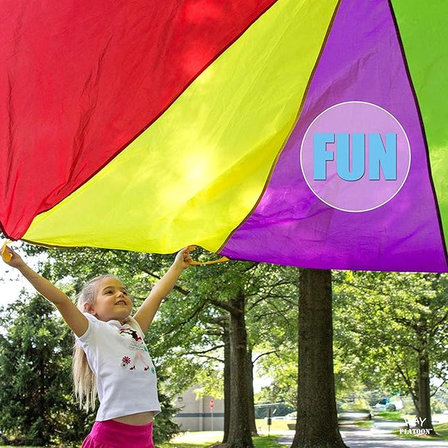 Play Platoon Rainbow Parachute Toy for Kids with Handle, 10 ft Play Parachute Game with 10 Handles, PE Equipment for Elementary School Gym Class, Backyard