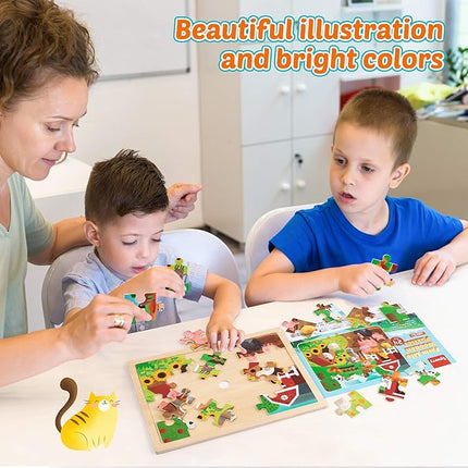 SYNARRY 24 Pieces Puzzles for Kids Ages 3-5, Farm Wooden Jigsaw Puzzles with Storage Tray, Educational Preschool Puzzles Toys Set for Toddler, Easter Basket Stuffers Valentines Day Gifts for Kids