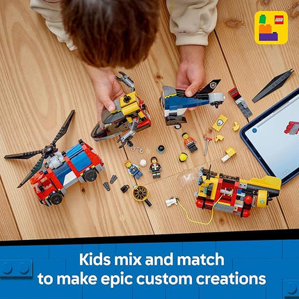 LEGO City Helicopter, Fire Truck & Submarine Remix Kids Toy - 3 Building Toys in 1 for Boys and Girls, Ages 7+ - Gift for Christmas - with 3 Minifigures - 60462