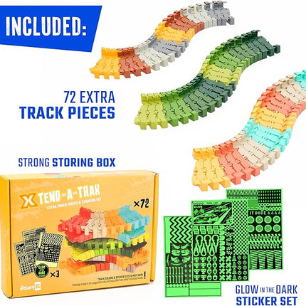 Extra 72 Track Pieces & 3 Glow Sticker Sheets Pack – Expand Your Racetrack Fun! Build Bigger, Race Faster, and Shine Brighter!