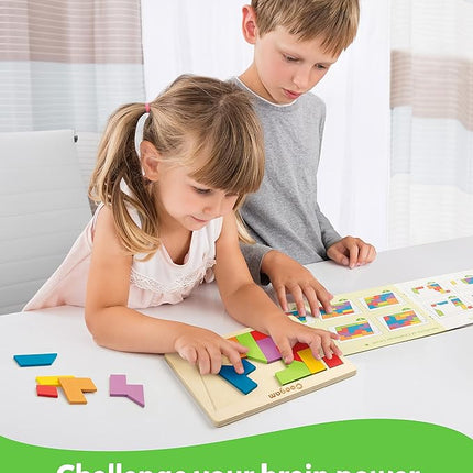Coogam Wooden Puzzle Blocks Geometric Tangram Brain Teasers Jigsaw 3D Logic IQ Game Colorful Shape Pattern Montessori STEM Educational Toys Gift 60 Challenges for All Age