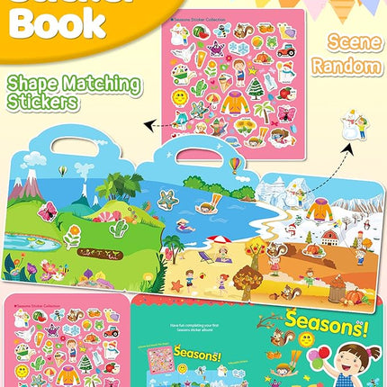 Benresive Reusable Sticker Book for Toddlers 2-4 Years, Fun Travel Stickers for Kids, Waterproof Sticker Books for Toddlers 1-3, Crafts Activities for Todddlers 1-3 2-4 3-5 - Season