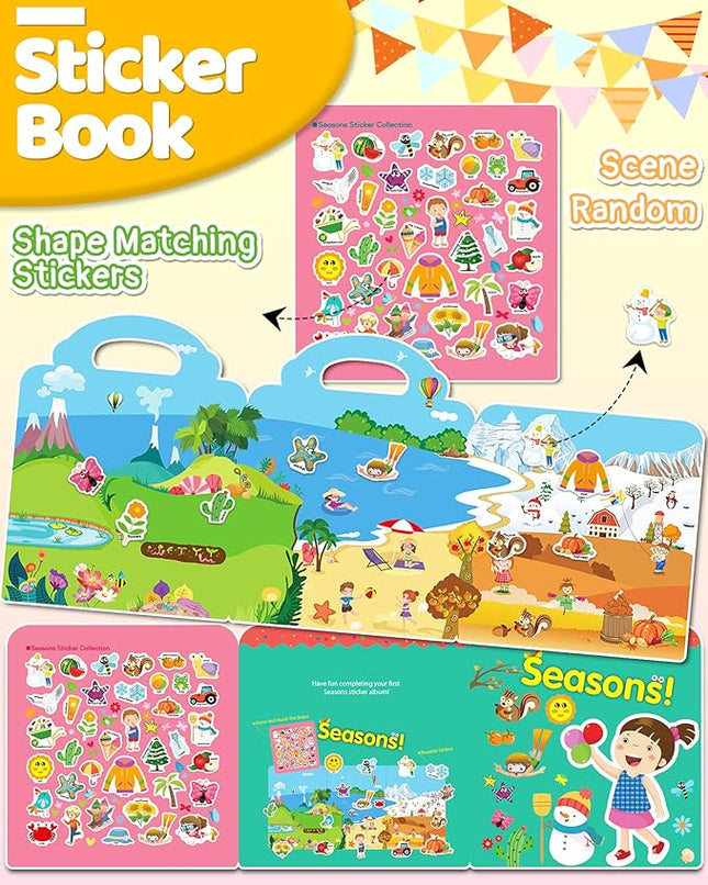 Benresive Reusable Sticker Book for Toddlers 2-4 Years, Fun Travel Stickers for Kids, Waterproof Sticker Books for Toddlers 1-3, Crafts Activities for Todddlers 1-3 2-4 3-5 - Season