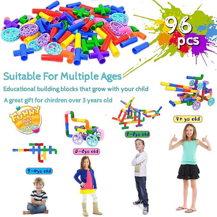 FUBAODA STEM Learning Pipe Tube Toys, Tube Locks Construction Building Blocks 96 Pcs - Multicolor Educational Building Blocks Set with Wheels& Spouts & Joints for Kids Ages 3+