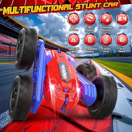 Remote Control Car, Double-Sided 360 ° Flipping Rotating RC Car, RC Stunt Car with Colorful LED Lights, 4WD RC Toy Car for Boys Age 8-12 and Boys Girls Birthday Present