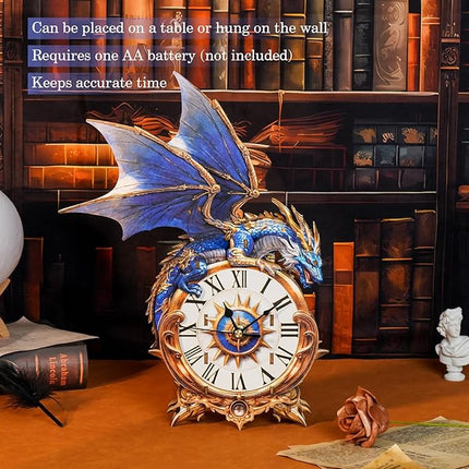 3D Wooden Puzzles for Adults Blue Dragon Clock - Model Building Kit Clock Puzzle Creative Craft Gift Home Deco for DIY Enthusiasts, Brain Teaser Building Set Birthday Gifts